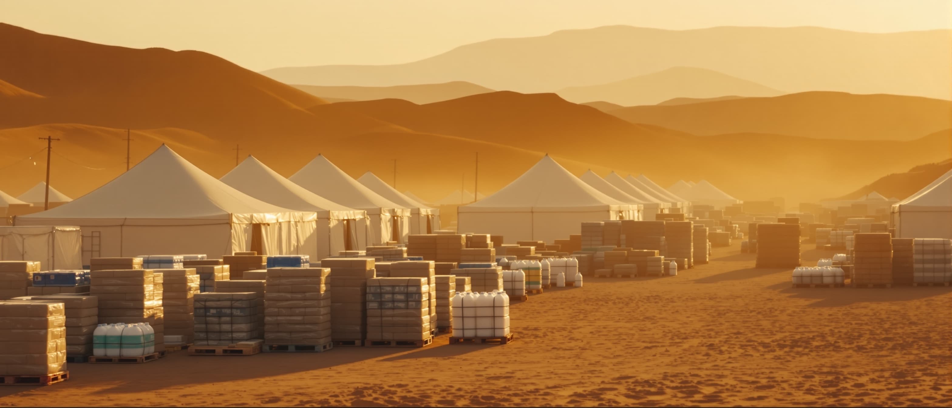 An aid distribution yard in the field — pallets of food parcels and water beside relief tents at golden hour